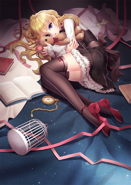 Anime picture 740x1047 with original saban single long hair tall image looking at viewer blonde hair purple eyes lying girl thighhighs dress ribbon (ribbons) black thighhighs book (books) toy stuffed animal clock teddy bear pocket watch
