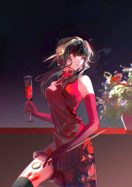 Anime picture 826x1169 with spy x family yor briar xixun single long hair tall image fringe black hair red eyes looking away sleeveless girl dress gloves weapon elbow gloves headband red dress wine glass red gloves