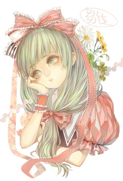 Anime picture 975x1425 with touhou kagiyama hina ustsugi (me666nm) single long hair tall image blush fringe simple background white background green eyes looking away green hair inscription puffy sleeves head rest girl flower (flowers) bow ribbon (ribbons)