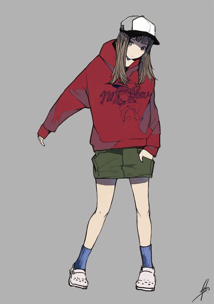 Anime picture 848x1200 with original crocs nanakawa (nanasoon) single long hair tall image looking at viewer simple background brown hair standing brown eyes signed full body long sleeves grey background shaded face hand in pocket girl skirt miniskirt