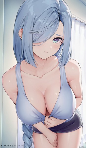 Anime-Bild 1745x3003 mit genshin impact shenhe (genshin impact) rosumerii single long hair tall image looking at viewer blush fringe highres breasts blue eyes light erotic large breasts standing bare shoulders signed payot cleavage silver hair