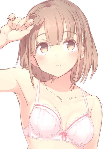 Anime picture 1003x1416 with original hiraga matsuri single tall image blush short hair light erotic simple background brown hair white background brown eyes cleavage upper body looking up sketch frilled bra 3: girl lingerie bra