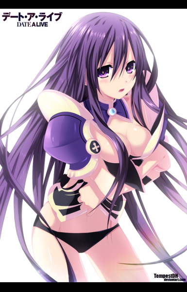 Anime picture 900x1403 with date a live yatogami tooka tempestdh single long hair tall image blush breasts open mouth light erotic simple background white background purple eyes purple hair inscription underwear only coloring girl underwear panties