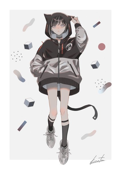 Anime picture 1448x2048 with original mia (kirudai) kirudai single tall image looking at viewer fringe short hair black hair signed full body multicolored hair grey background two-tone hair streaked hair border hand in pocket silver eyes casual animal hood