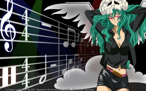 Anime picture 1680x1050 with bleach studio pierrot nelliel tu odelschwanck single long hair light erotic wide image cleavage green hair black background arms behind head vector espada arrancar girl wings shorts skull blouse musical note
