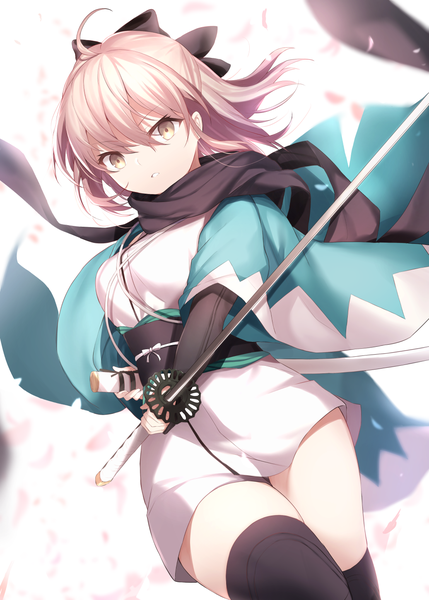 Anime picture 1036x1450 with fate (series) fate/grand order koha-ace okita souji (fate) (all) okita souji (koha-ace) maosame single tall image looking at viewer blush fringe short hair open mouth simple background hair between eyes white background holding pink hair ahoge long sleeves