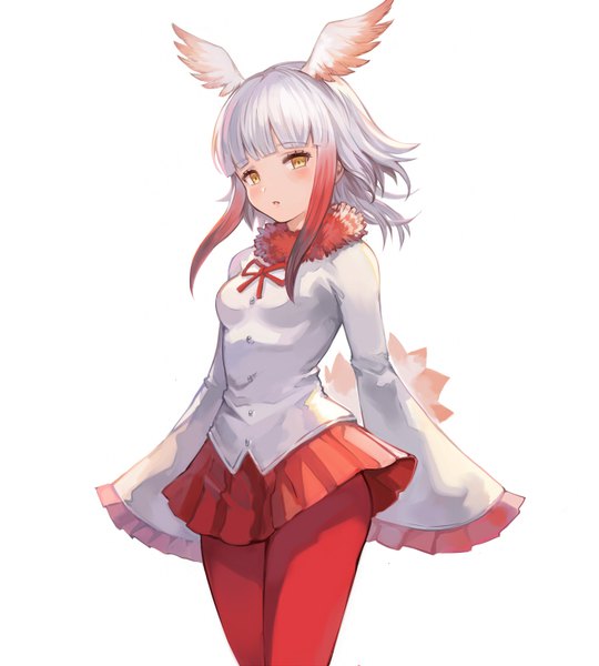 Anime picture 720x800 with kemono friends crested ibis (kemono friends) pepeto (cocoyuzumugi) single long hair tall image looking at viewer blush fringe simple background white background yellow eyes white hair red hair blunt bangs parted lips multicolored hair wide sleeves :o fur trim