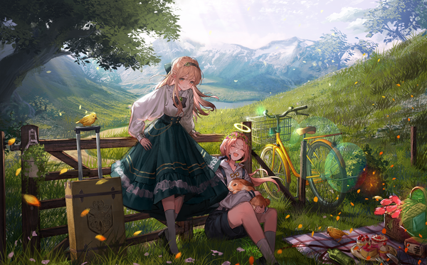 Anime picture 2000x1239 with original lentain long hair highres open mouth blonde hair smile wide image standing sitting multiple girls holding brown eyes payot looking away sky cloud (clouds) full body outdoors eyes closed
