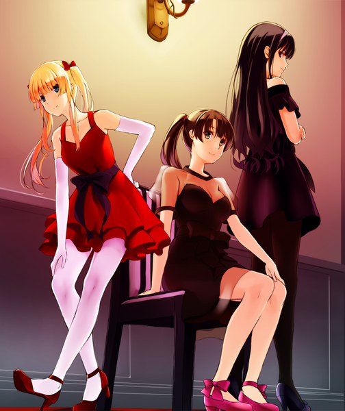 Anime picture 1262x1500 with saenai heroine no sodatekata a-1 pictures kasumigaoka utaha katou megumi sawamura spencer eriri mizuki ame long hair tall image blue eyes black hair blonde hair smile brown hair sitting twintails multiple girls brown eyes ponytail leaning leaning forward