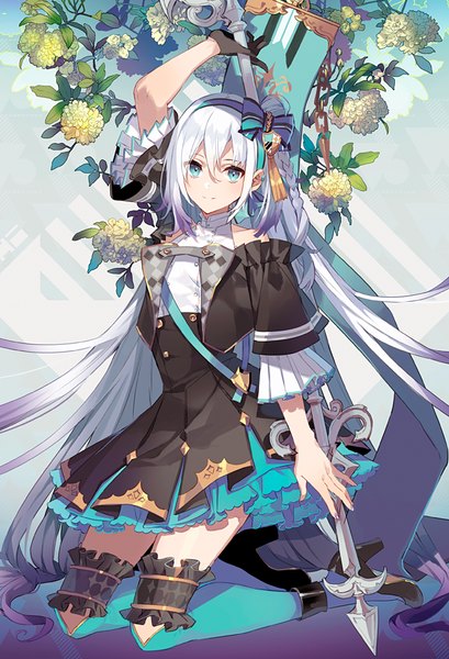 Anime picture 648x950 with original eihi single tall image looking at viewer fringe blue eyes smile hair between eyes silver hair very long hair arm up high heels kneeling gradient hair girl dress flower (flowers) bow hair bow