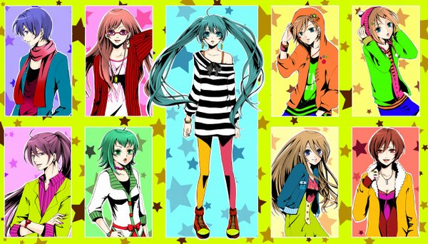 Anime picture 1280x731 with vocaloid hatsune miku megurine luka kagamine rin kagamine len gumi kaito (vocaloid) meiko kamui gakupo lily (vocaloid) piisuke (aishitenaiabc) looking at viewer fringe short hair breasts blue eyes blonde hair smile brown hair wide image