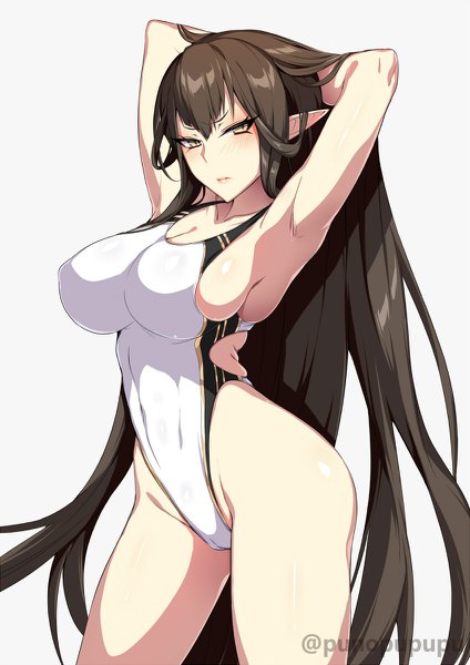 Anime picture 848x1200 with fate (series) fate/apocrypha semiramis (fate) zeroshiki kouichi single long hair tall image looking at viewer blush fringe breasts light erotic simple background hair between eyes brown hair large breasts standing white background brown eyes signed