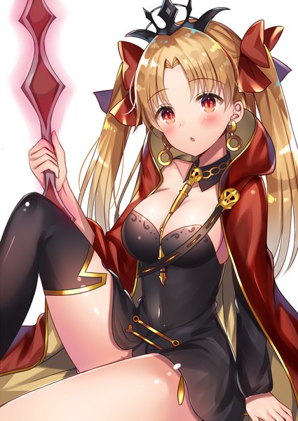 Anime picture 1000x1412 with fate (series) fate/grand order toosaka rin ereshkigal (fate) aozora nan single long hair tall image looking at viewer blush fringe breasts open mouth light erotic blonde hair simple background red eyes large breasts white background sitting