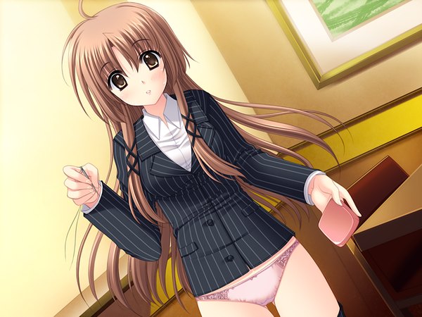 Anime picture 1200x900 with oretachi ni tsubasa wa nai long hair light erotic brown hair brown eyes game cg pantyshot girl underwear panties