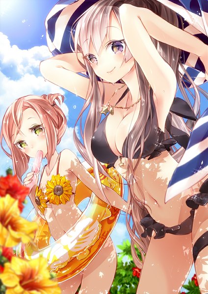Anime picture 723x1023 with original 218 long hair tall image blush short hair light erotic smile brown hair multiple girls brown eyes yellow eyes sky cloud (clouds) grey hair sunlight shadow wet happy arms behind head