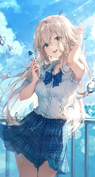 Anime picture 1497x2762 with original ttosom single long hair tall image looking at viewer blush fringe open mouth blue eyes smile hair between eyes holding sky silver hair cloud (clouds) outdoors head tilt :d arm up