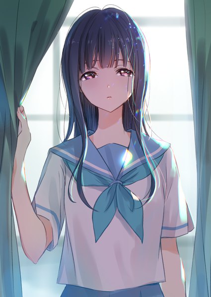 Anime picture 724x1023 with hibike! euphonium kyoto animation yoroizuka mizore irua single long hair tall image standing brown eyes indoors parted lips arm up dark hair girl uniform serafuku