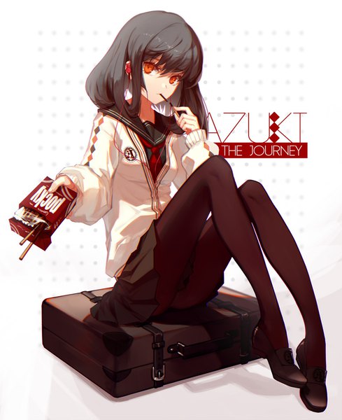 Anime picture 777x952 with original skade single long hair tall image looking at viewer light erotic black hair white background sitting holding signed looking away bent knee (knees) head tilt pleated skirt inscription orange eyes mouth hold eating