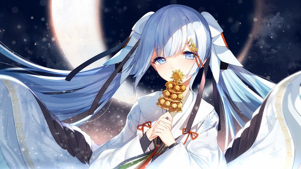Anime picture 1920x1080 with vocaloid hatsune miku yuki miku yuki miku (2018) bison cangshu single long hair looking at viewer blush fringe highres blue eyes wide image twintails holding blue hair upper body traditional clothes japanese clothes night