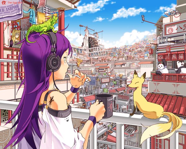 Anime picture 1280x1024 with half-life half-life 2 original circle a long hair blonde hair bare shoulders animal ears purple hair profile from behind tattoo fox ears cityscape architecture reading east asian architecture detailed girl headphones
