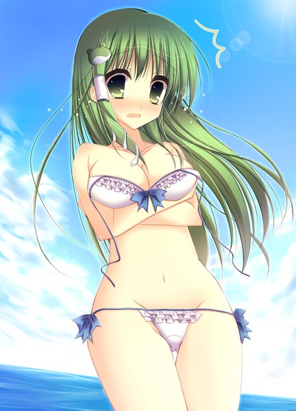 Anime picture 1131x1570 with touhou kochiya sanae haneyuki hayu (artist) single long hair tall image breasts light erotic green eyes sky cloud (clouds) green hair girl swimsuit bikini water white bikini hair tubes