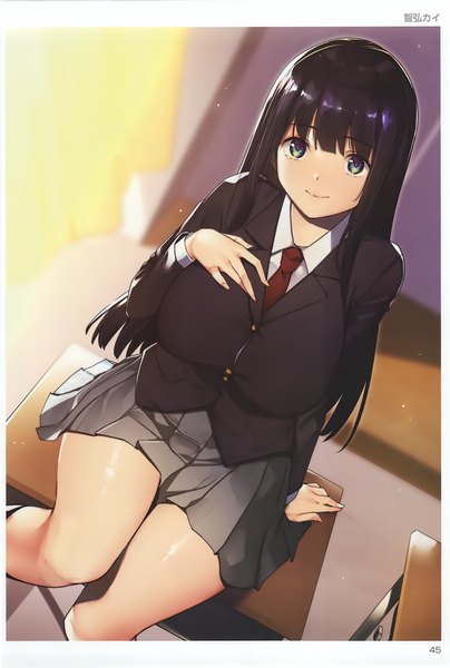 Anime picture 2040x3030 with comic toranoana tomohiro kai single long hair tall image looking at viewer fringe highres breasts black hair smile large breasts sitting green eyes signed bent knee (knees) indoors blunt bangs long sleeves pleated skirt