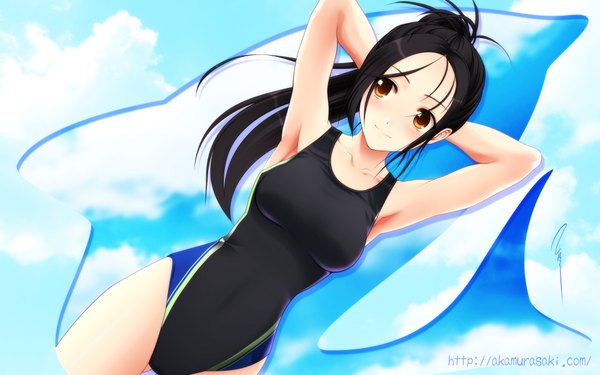 Anime picture 1920x1200 with aizawa kotarou single long hair blush highres black hair wide image arms up orange eyes watermark girl swimsuit