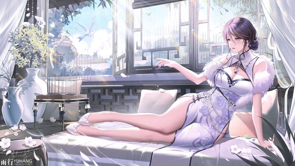 Anime picture 1920x1081 with original yuxing yuhang single blush fringe highres short hair breasts blue eyes hair between eyes wide image large breasts signed looking away sky purple hair cloud (clouds) full body bent knee (knees) indoors