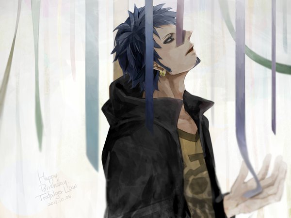 Anime picture 1500x1125 with one piece toei animation trafalgar law lasvation single short hair black hair profile open jacket character names piercing dated ear piercing looking up happy birthday boy ribbon (ribbons) jacket beard