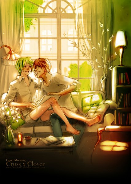 Anime picture 765x1078 with original yaoi-world tall image short hair open mouth brown hair sitting indoors barefoot green hair sunlight multiple boys bare legs couple open collar face to face shounen ai spring boy flower (flowers)