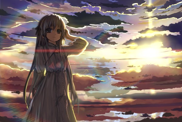 Anime picture 1200x802 with yosuga no sora kasugano sora stk (artist) single long hair sky cloud (clouds) grey hair black eyes sunlight evening sunset scenic girl hairband sundress