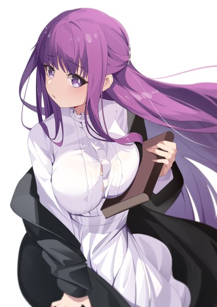 Anime picture 2894x4093 with sousou no frieren fern (sousou no frieren) dowal single long hair tall image looking at viewer highres breasts light erotic simple background large breasts white background purple eyes purple hair turning head half updo girl dress white dress