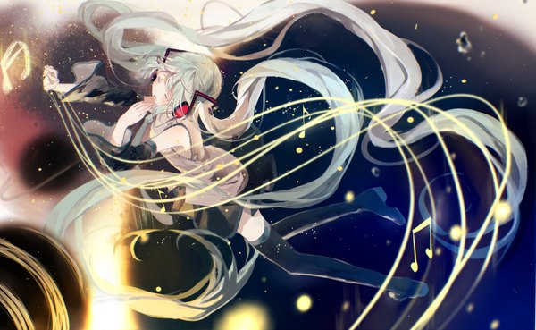 Anime picture 3245x2000 with vocaloid hatsune miku bou shaku single blush fringe highres open mouth wide image twintails silver hair full body eyes closed very long hair pleated skirt from above blurry wide sleeves armpit (armpits) zettai ryouiki