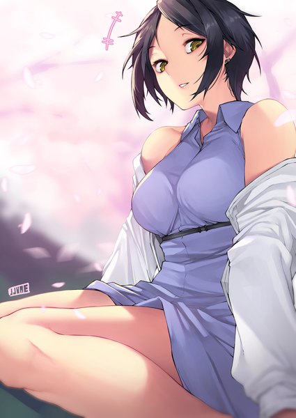 Anime picture 1347x1903 with idolmaster idolmaster cinderella girls hayami kanade jjune single tall image looking at viewer short hair breasts black hair sitting bare shoulders signed yellow eyes light smile bare legs wariza girl dress earrings