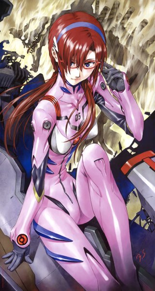 Anime picture 3151x5904 with neon genesis evangelion rebuild of evangelion evangelion: 2.0 you can (not) advance gainax makinami mari illustrious single long hair tall image highres blue eyes brown hair sitting twintails looking away absurdres girl glasses hairband bodysuit pilot suit