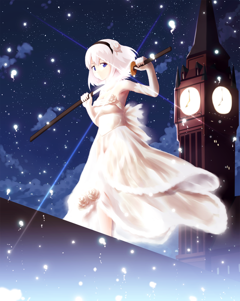 Anime picture 1600x2000 with touhou konpaku youmu oyaji-sou single tall image short hair blue eyes white hair night girl dress gloves weapon sword elbow gloves hairband katana elizabeth tower