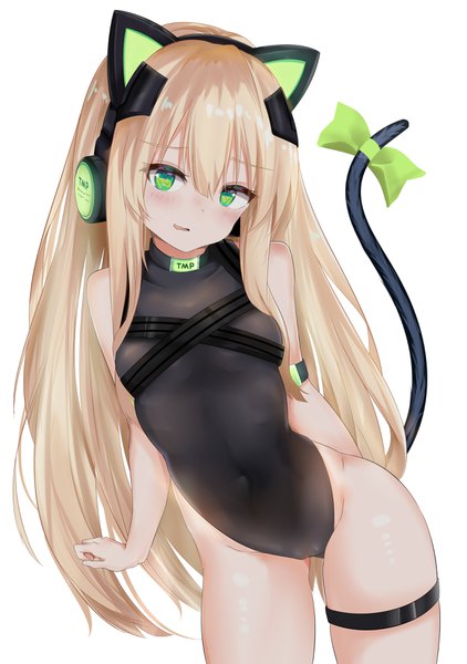 Anime picture 2600x3700 with girls frontline tmp (girls frontline) ru zhai single long hair tall image looking at viewer blush fringe highres breasts open mouth light erotic blonde hair simple background hair between eyes white background bare shoulders green eyes animal ears