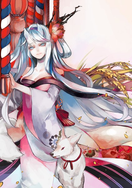 Anime picture 849x1200 with original nenene single long hair tall image fringe blue eyes standing bare shoulders traditional clothes japanese clothes hair flower horn (horns) light smile grey hair oni horns girl hair ornament flower (flowers) plant (plants)