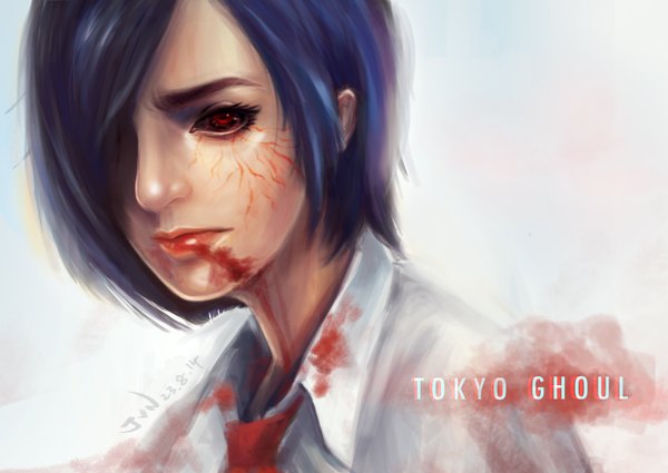Anime picture 1748x1240 with tokyo ghoul studio pierrot kirishima touka junniehere single looking at viewer highres short hair red eyes blue hair lips bloody clothes black sclera girl shirt white shirt blood