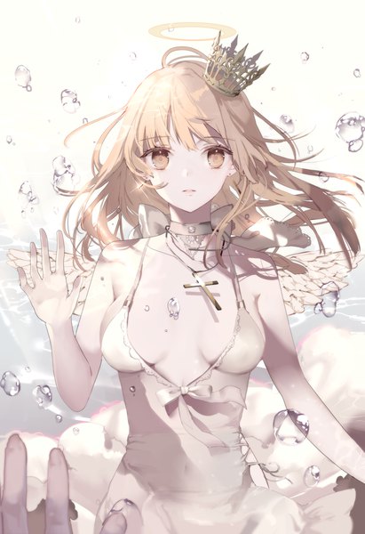 Anime picture 800x1166 with original yukisame long hair tall image looking at viewer fringe breasts light erotic blonde hair hair between eyes standing bare shoulders orange eyes sideboob light solo focus pov girl dress earrings