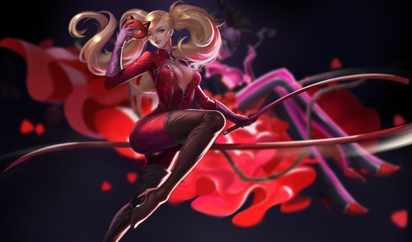 Anime picture 7917x4671 with persona 5 persona takamaki anne carmen (persona 5) big (cs78) long hair looking at viewer highres breasts blue eyes light erotic simple background blonde hair wide image twintails holding absurdres bent knee (knees) parted lips one eye closed