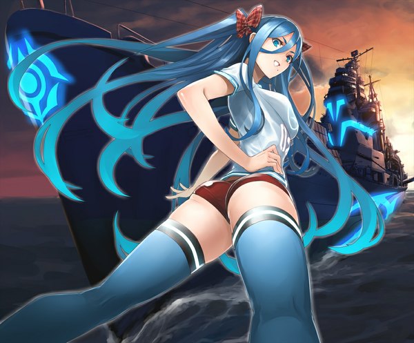 Anime picture 1146x950 with aoki hagane no arpeggio takao (aoki hagane no arpeggio) tef single long hair looking at viewer open mouth blue eyes light erotic standing twintails blue hair sky cloud (clouds) ass looking back mole hand on hip mole under mouth girl