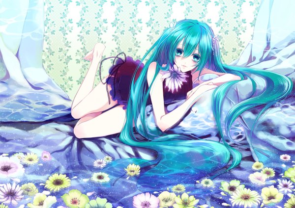 Anime picture 1556x1100 with vocaloid hatsune miku single looking at viewer blush open mouth twintails bare shoulders very long hair barefoot aqua eyes aqua hair girl dress flower (flowers) petals