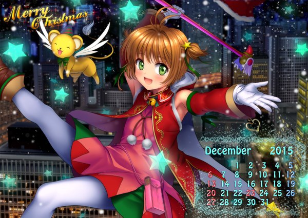 Anime picture 1600x1135 with card captor sakura clamp kinomoto sakura mutsuki (moonknives) single looking at viewer blush short hair open mouth brown hair green eyes inscription two side up city christmas merry christmas calendar 2015 girl dress gloves