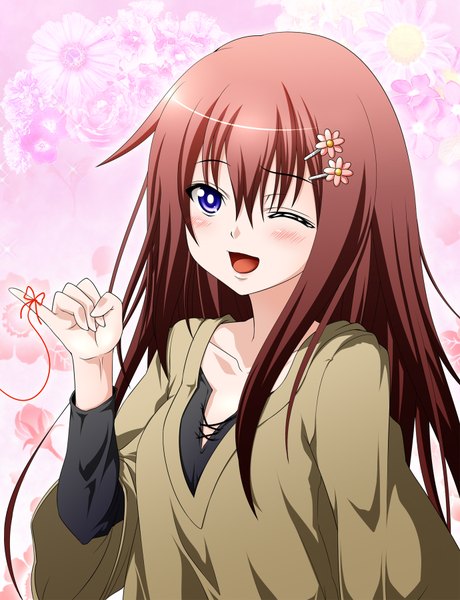 Anime picture 1380x1800 with steins;gate white fox makise kurisu haru-yua (artist) long hair tall image blush open mouth brown hair purple eyes one eye closed wink girl sweater thread red thread