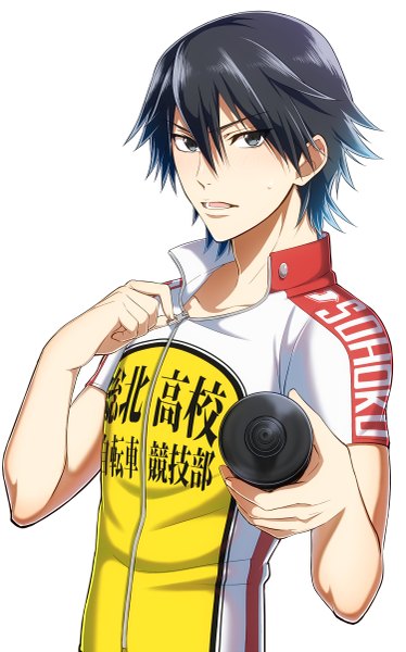 Anime picture 749x1200 with yowamushi pedal imaizumi shunsuke natsuko (bluecandy) single tall image looking at viewer fringe short hair open mouth black hair simple background hair between eyes white background upper body black eyes sweat outstretched hand boy uniform gym uniform