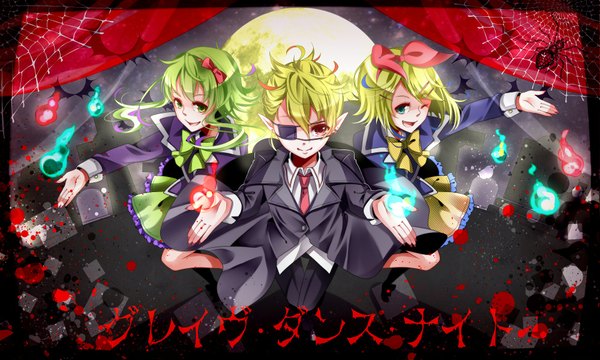 Anime picture 2000x1200 with vocaloid kagamine rin kagamine len gumi nou highres short hair blonde hair smile red eyes wide image multiple girls green eyes one eye closed aqua eyes green hair pointy ears wink magic hieroglyph