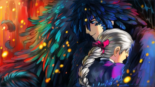 Anime picture 1920x1080 with howl's moving castle studio ghibli howl sophie hatter yuuza long hair highres smile wide image silver hair braid (braids) profile couple hug single braid happy girl boy bow ribbon (ribbons)