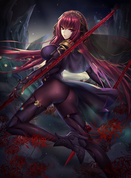 Anime picture 868x1178 with fate (series) fate/grand order scathach (fate) (all) scathach (fate) mallizmora single long hair tall image fringe breasts light erotic hair between eyes red eyes standing holding purple hair ass looking back wind standing on one leg