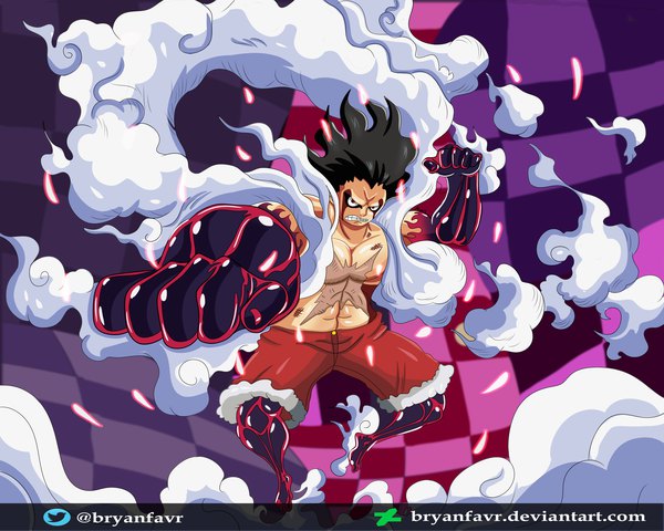 Anime picture 3500x2800 with one piece toei animation monkey d. luffy bryanfavr single looking at viewer highres short hair black hair signed absurdres full body black eyes no shoes fur trim twitter username coloring outstretched arm scar topless